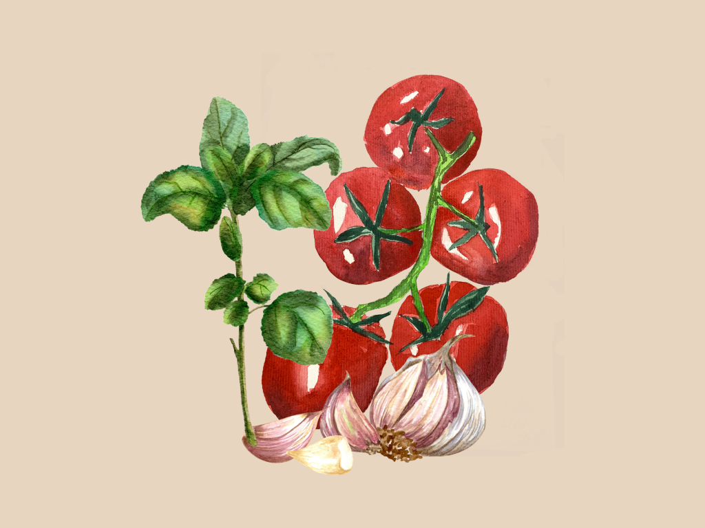 watercolor of tomatoes, garlic, and basil